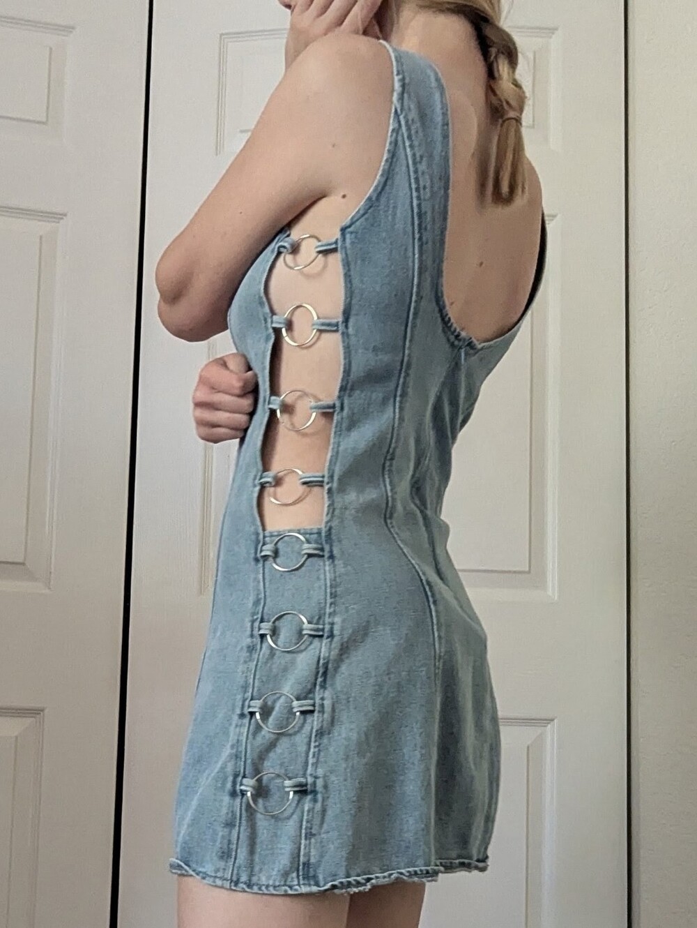 Sleeveless Blue Denim Mini Dress with Side Ring Detail - Picture 6 of 6